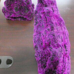 New Violet Purple Real Rex Rabbit Fur Knitted hat with rosettes & Infinity Scarf